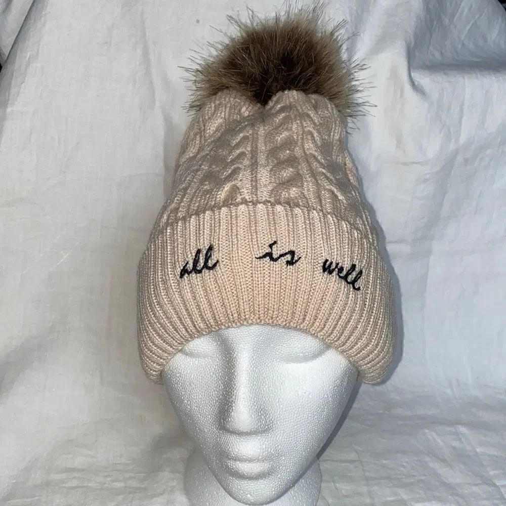 UP TOP Fleece Lined Nude Pom Pom Beanie “All Is Well”-NWT